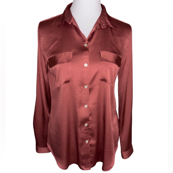 LOFT Chestnut Satin Button Up Blouse - Picture 1 of 4